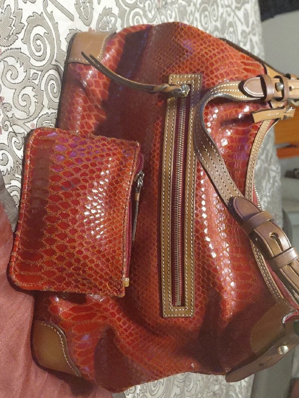 Dooney & Bourke Glossy Red Faux-Snakeskin Hobo with Brown Trim & Wallet